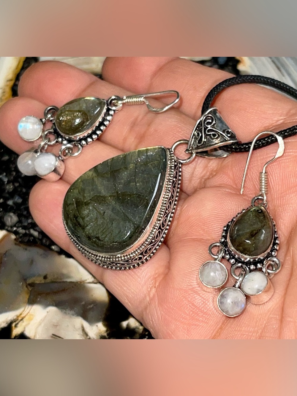Labradorite & Rainbow Moonstone Crystal Pendant & Earrings Set